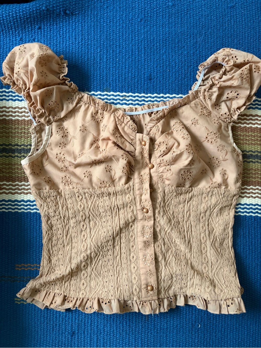Beige Eyelet Ruffle Smocked Button-Front Women's Blouse